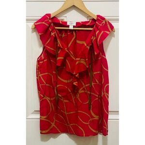 LOFT‎ Women's Medium Sleeveless Ruffle Blouse Top Pink Gold Print